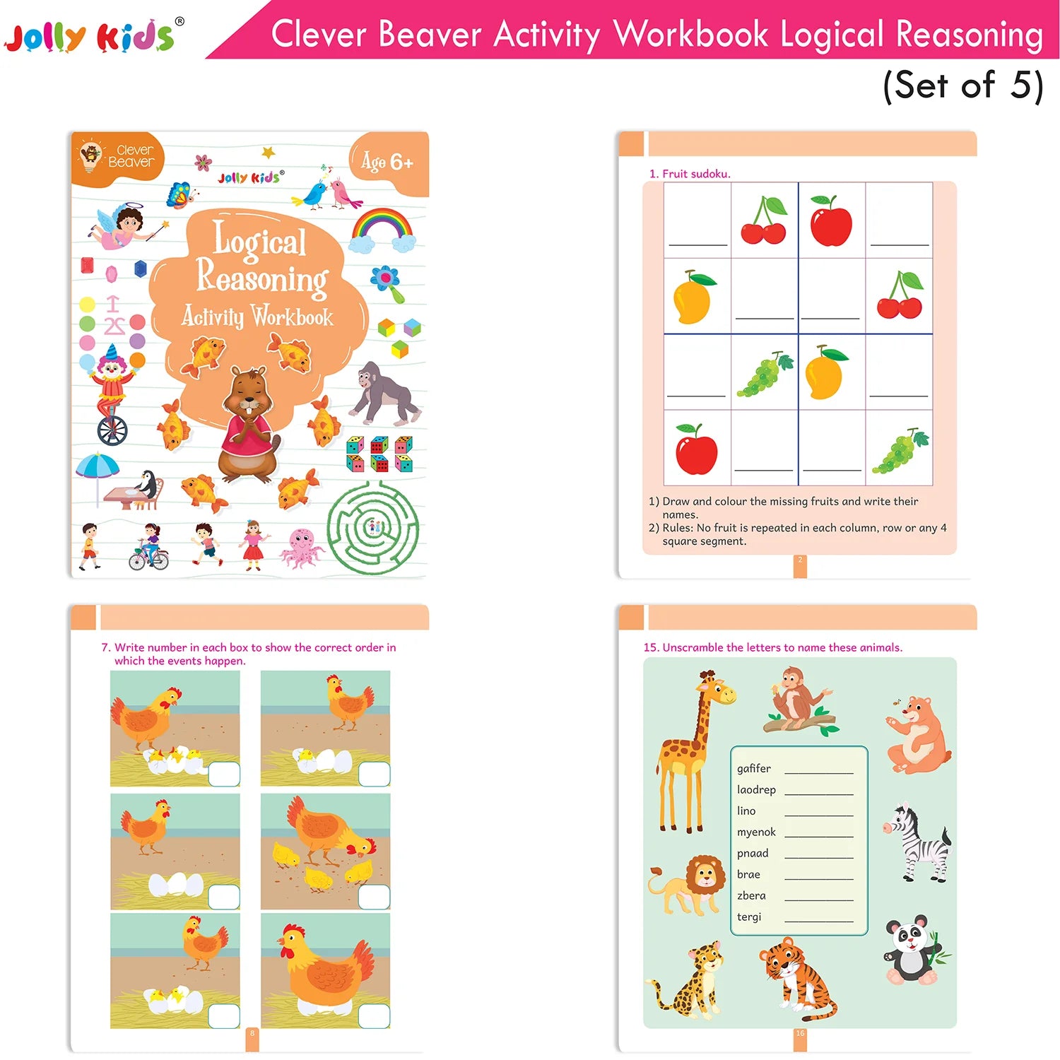 Jolly Kids Clever Beaver Ages 6-7 Years Fun Learning Activities Workbooks Set of 4| English-Maths-EVS-Good Habit-Logical Reasoning | Grocsy