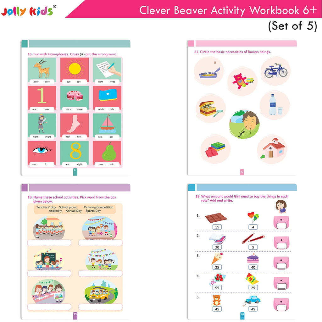 Jolly Kids Clever Beaver Ages 6-7 Years Fun Learning Activities Workbooks Set of 4| English-Maths-EVS-Good Habit-Logical Reasoning | Grocsy