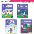 Jolly Kids Clever Beaver Ages 3-4 Years Fun Learning Workbooks Set of 4| Alphabets| Numbers| EVS| Good Habit| Workbooks for Kindergarten | Grocsy