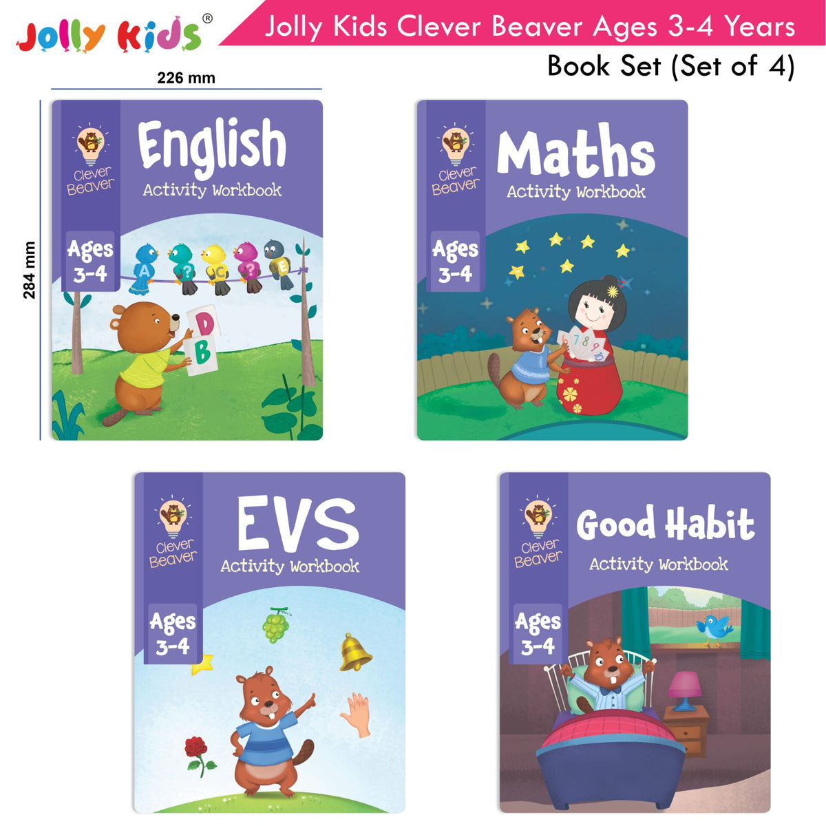 Jolly Kids Clever Beaver Ages 3-4 Years Fun Learning Workbooks Set of 4| Alphabets| Numbers| EVS| Good Habit| Workbooks for Kindergarten | Grocsy
