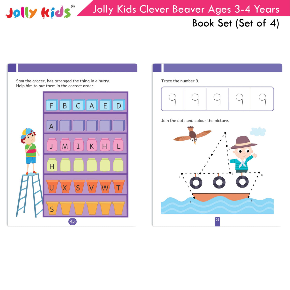 Jolly Kids Clever Beaver Ages 3-4 Years Fun Learning Workbooks Set of 4| Alphabets| Numbers| EVS| Good Habit| Workbooks for Kindergarten | Grocsy