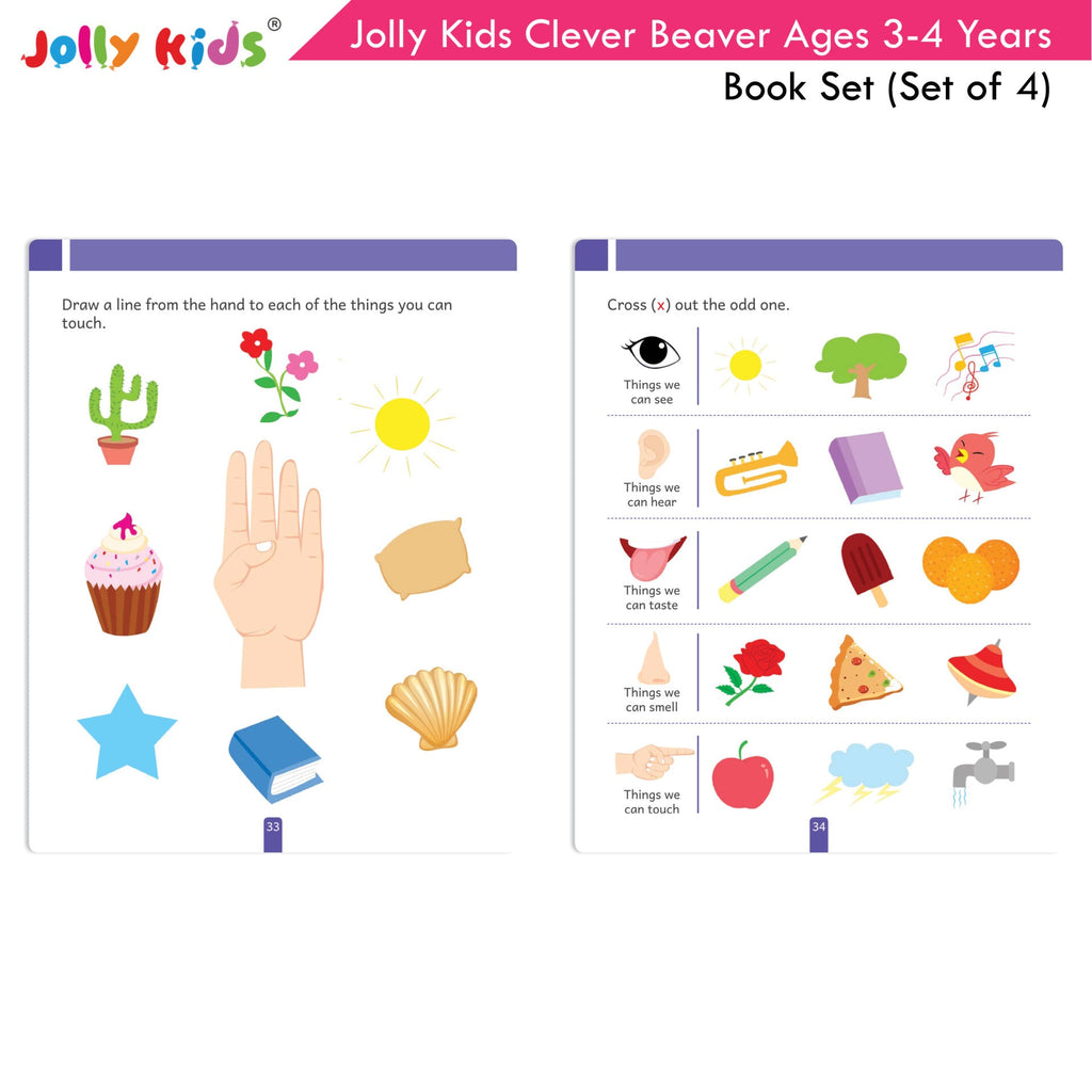 Jolly Kids Clever Beaver Ages 3-4 Years Fun Learning Workbooks Set of 4| Alphabets| Numbers| EVS| Good Habit| Workbooks for Kindergarten | Grocsy