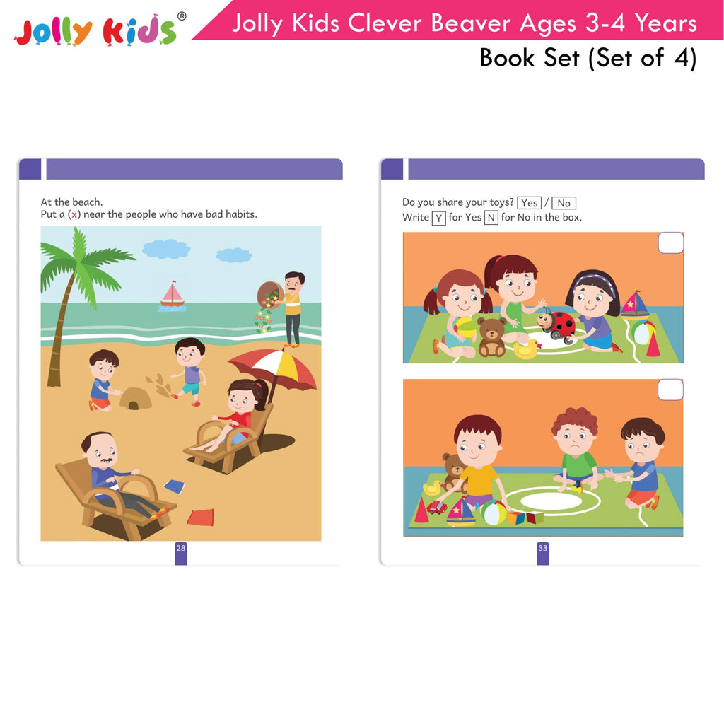 Jolly Kids Clever Beaver Ages 3-4 Years Fun Learning Workbooks Set of 4| Alphabets| Numbers| EVS| Good Habit| Workbooks for Kindergarten | Grocsy