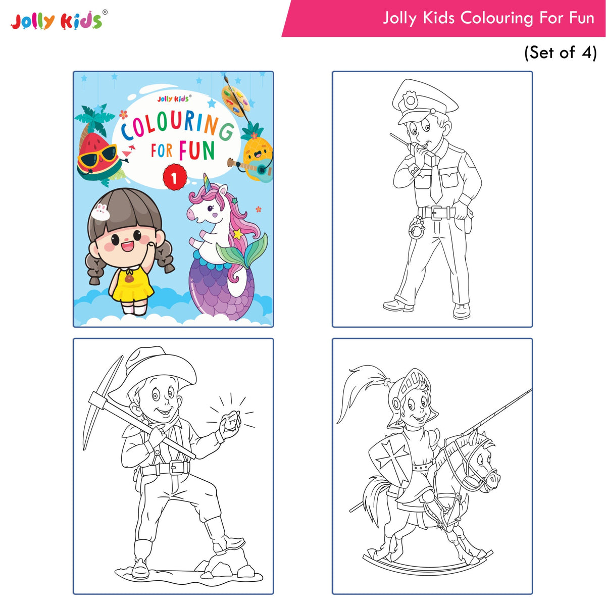 Jolly Kids Colouring for Fun Books A| Set of 4| Each Book 64 Images|Colouring & Painting Books for Kids|Ages 3-8 Year | Grocsy