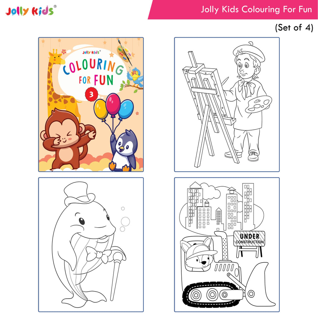 Jolly Kids Colouring for Fun Books A| Set of 4| Each Book 64 Images|Colouring & Painting Books for Kids|Ages 3-8 Year | Grocsy