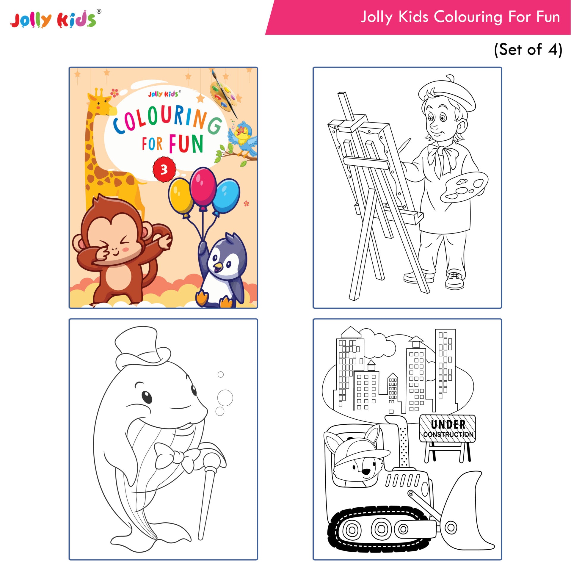 Jolly Kids Colouring for Fun Books A| Set of 4| Each Book 64 Images|Colouring & Painting Books for Kids|Ages 3-8 Year | Grocsy