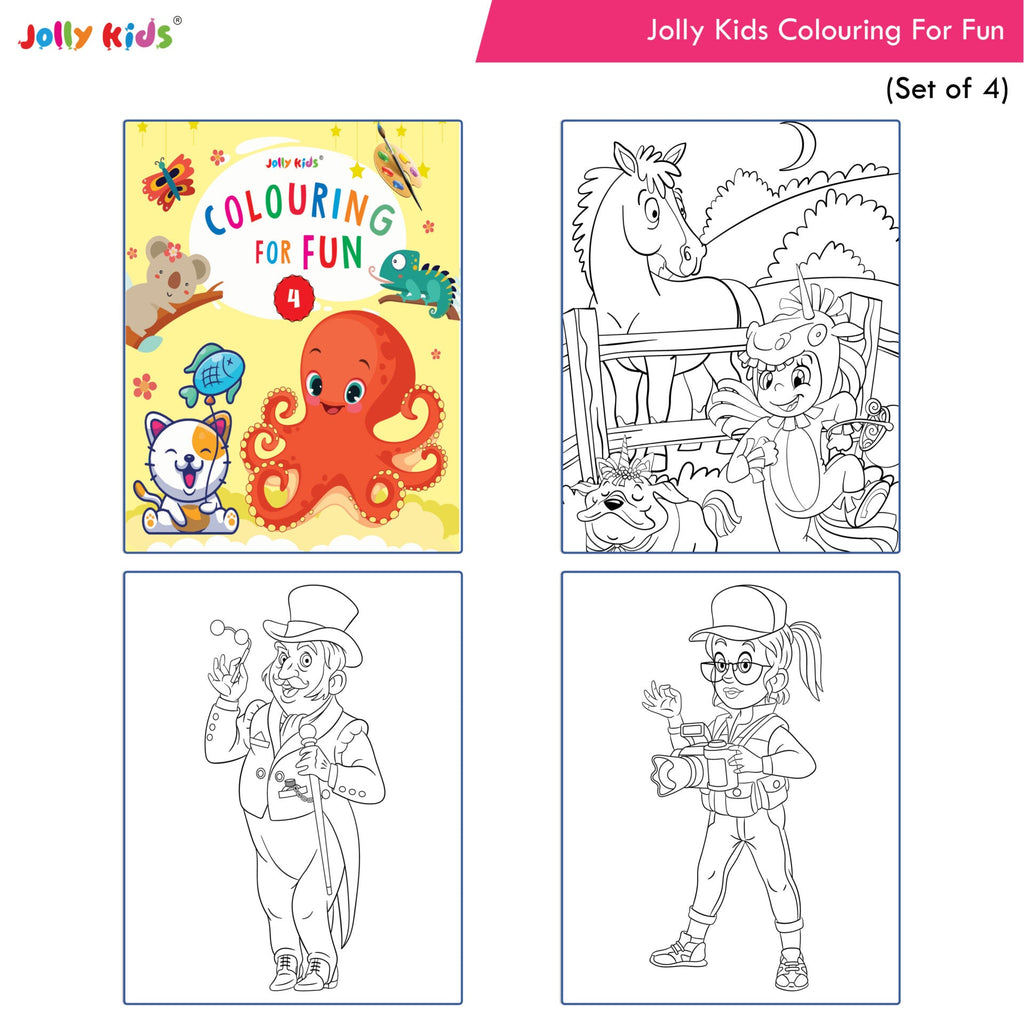 Jolly Kids Colouring for Fun Books A| Set of 4| Each Book 64 Images|Colouring & Painting Books for Kids|Ages 3-8 Year | Grocsy