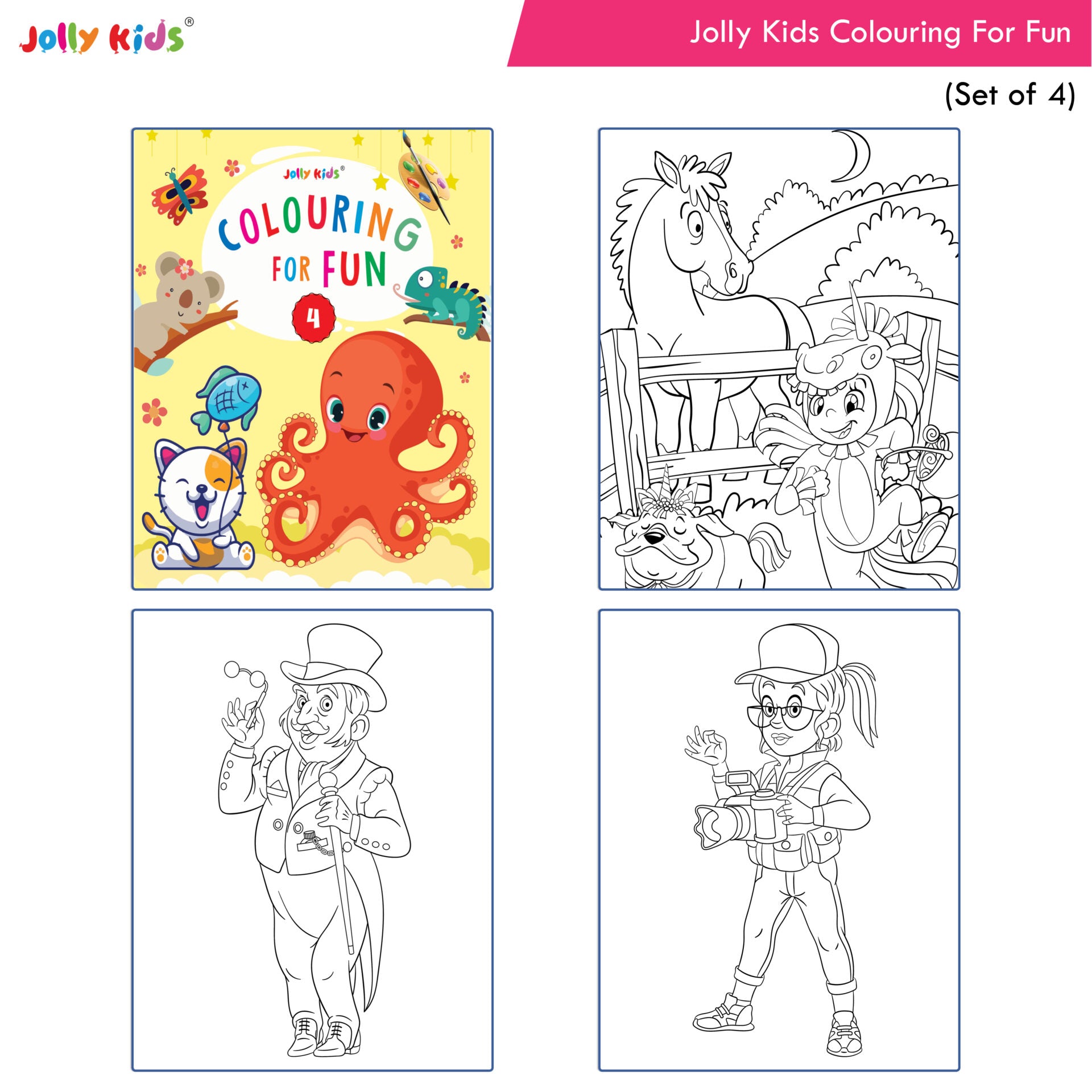 Jolly Kids Colouring for Fun Books A| Set of 4| Each Book 64 Images|Colouring & Painting Books for Kids|Ages 3-8 Year | Grocsy