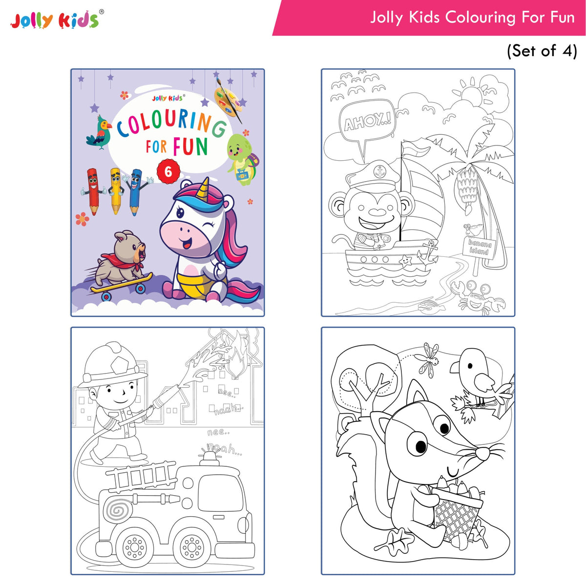 Jolly Kids Colouring for Fun Books B| Set of 4| Each Book 64 Images|Colouring & Painting Books for Kids|Ages 3-8 Year | Grocsy