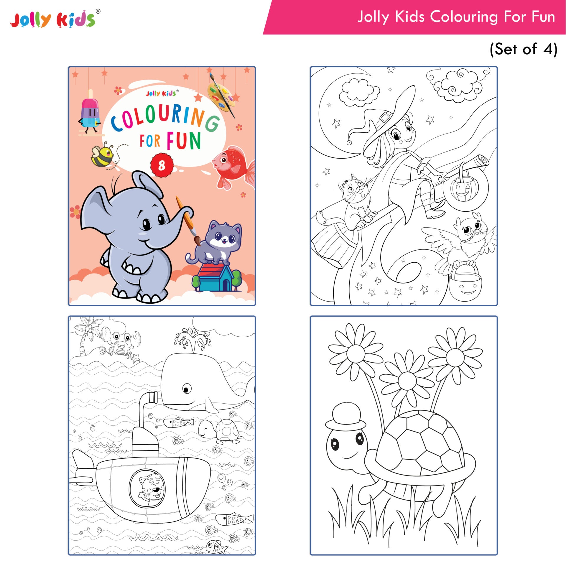 Jolly Kids Colouring for Fun Books B| Set of 4| Each Book 64 Images|Colouring & Painting Books for Kids|Ages 3-8 Year | Grocsy