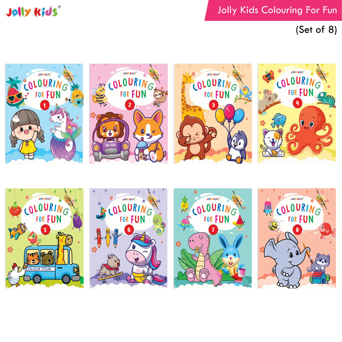 Jolly Kids Colouring for Fun Books For Kids Set of 8| Each Book 64 Images| Colouring & Painting Books| Ages 3 - 8 Year | Grocsy