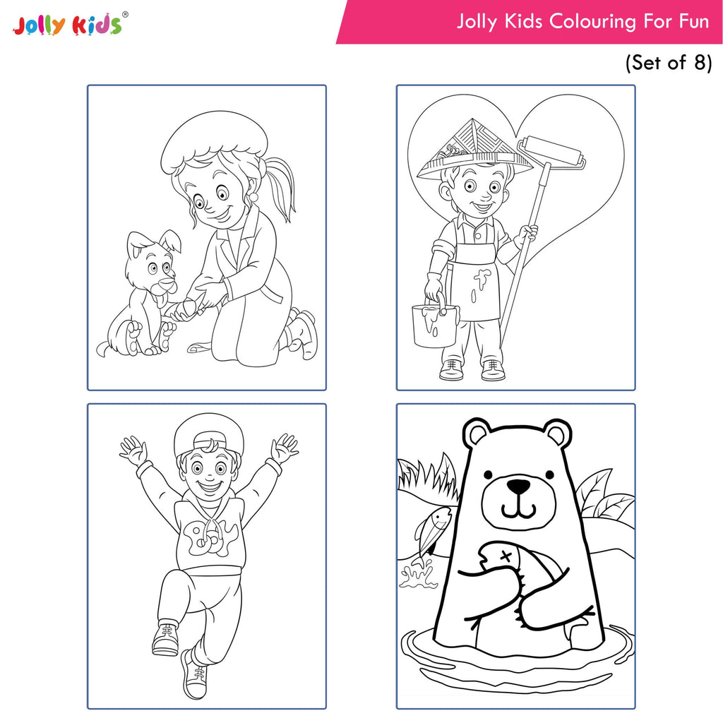 Jolly Kids Colouring for Fun Books For Kids Set of 8| Each Book 64 Images| Colouring & Painting Books| Ages 3 - 8 Year | Grocsy