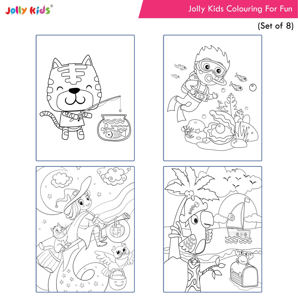 Jolly Kids Colouring for Fun Books For Kids Set of 8| Each Book 64 Images| Colouring & Painting Books| Ages 3 - 8 Year | Grocsy
