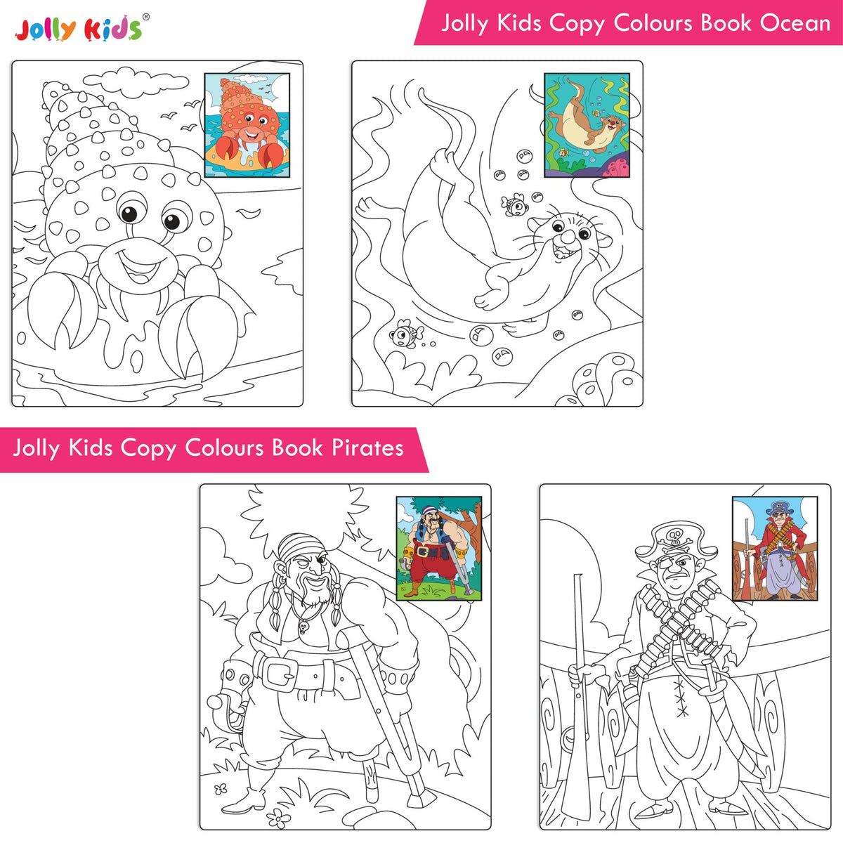 Jolly Kids Copy Colour Books Set of 8| Colouring Books: Animals, Flowers, Dinosaurs, Mermaid, Ocean, Pirates, Princess & Unicorn| Ages 3-10 years | Grocsy