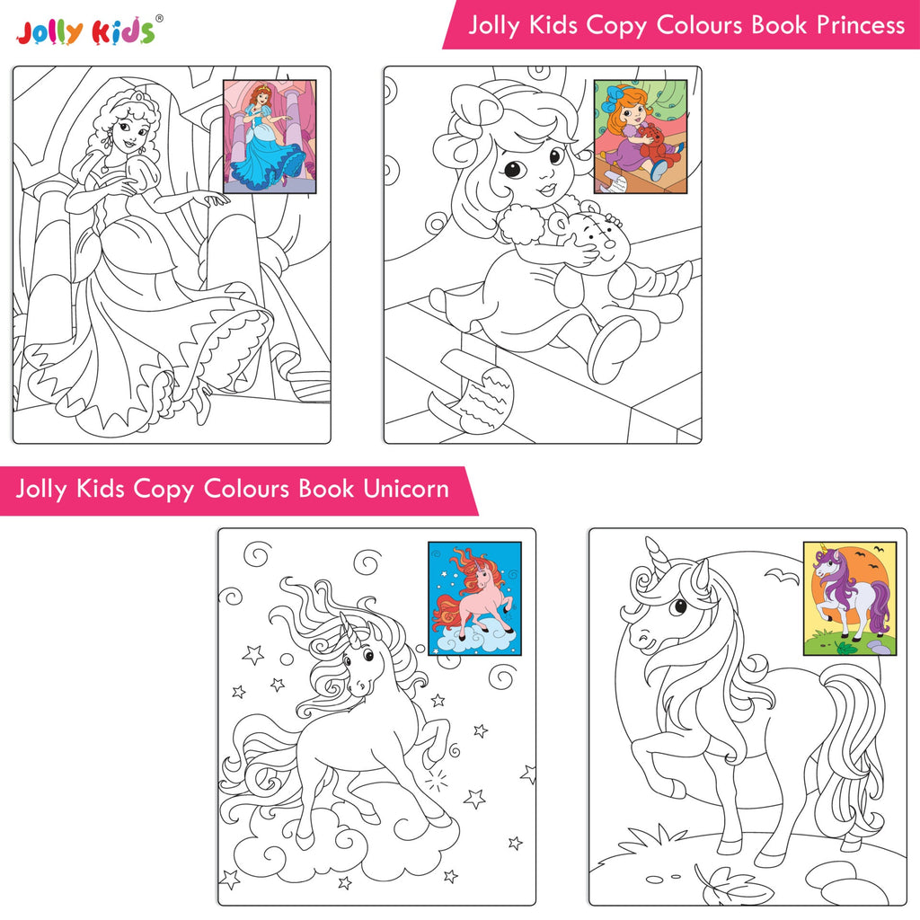 Jolly Kids Copy Colour Books Set of 8| Colouring Books: Animals, Flowers, Dinosaurs, Mermaid, Ocean, Pirates, Princess & Unicorn| Ages 3-10 years | Grocsy