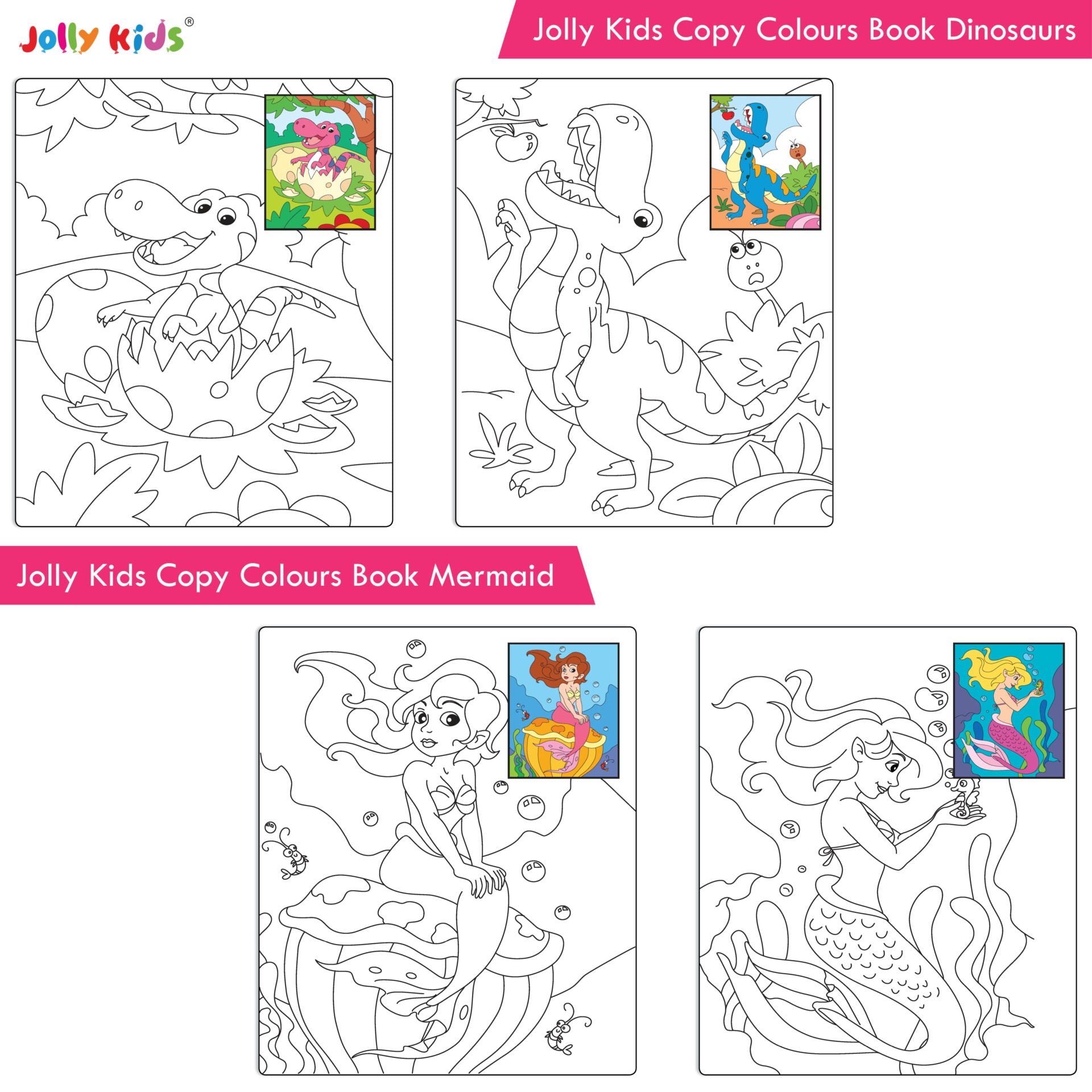 Jolly Kids Copy Colour Books Set of 8| Colouring Books: Animals, Flowers, Dinosaurs, Mermaid, Ocean, Pirates, Princess & Unicorn| Ages 3-10 years | Grocsy