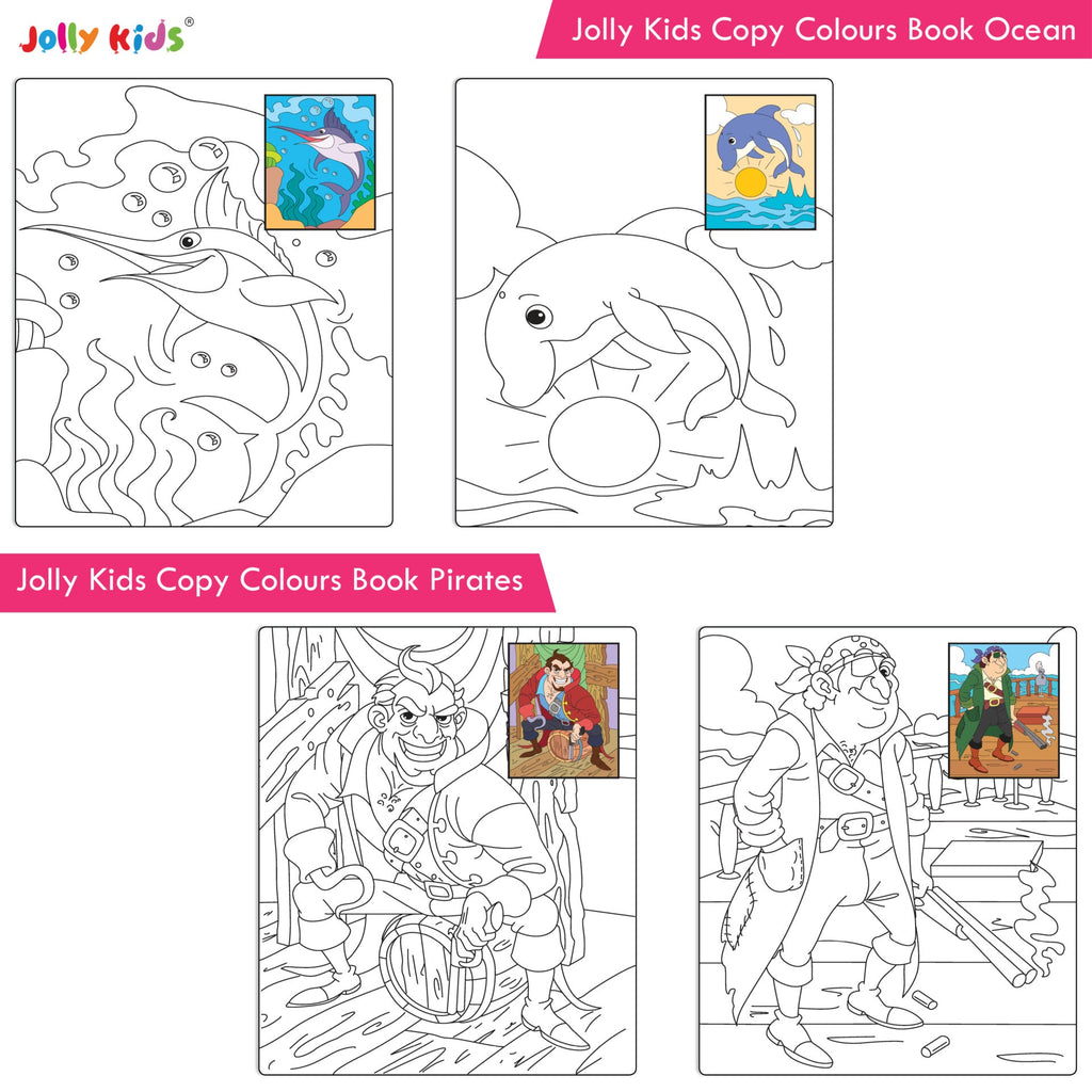 Jolly Kids Copy Colour Books Set of 8| Colouring Books: Animals, Flowers, Dinosaurs, Mermaid, Ocean, Pirates, Princess & Unicorn| Ages 3-10 years | Grocsy