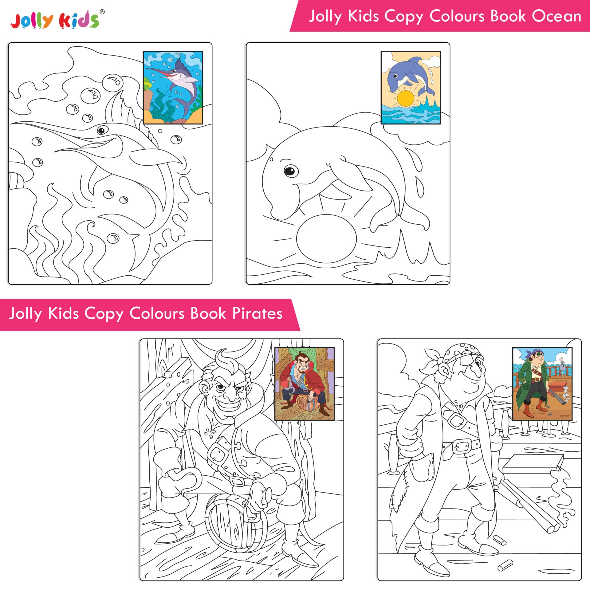 Jolly Kids Copy Colour Books Set of 8| Colouring Books: Animals, Flowers, Dinosaurs, Mermaid, Ocean, Pirates, Princess & Unicorn| Ages 3-10 years | Grocsy