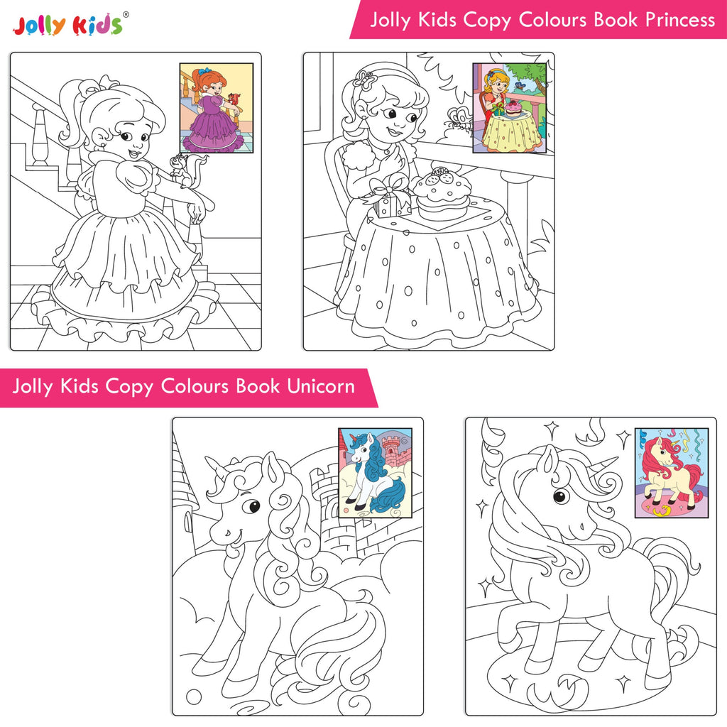 Jolly Kids Copy Colour Books Set of 8| Colouring Books: Animals, Flowers, Dinosaurs, Mermaid, Ocean, Pirates, Princess & Unicorn| Ages 3-10 years | Grocsy