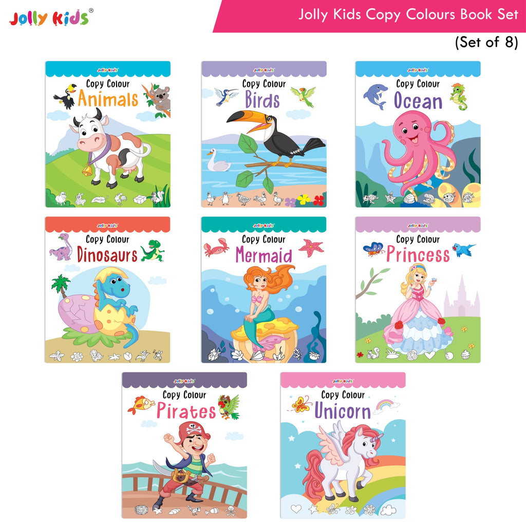 Jolly Kids Copy Colour Books Set of 8| Colouring Books: Animals, Flowers, Dinosaurs, Mermaid, Ocean, Pirates, Princess & Unicorn| Ages 3-10 years | Grocsy