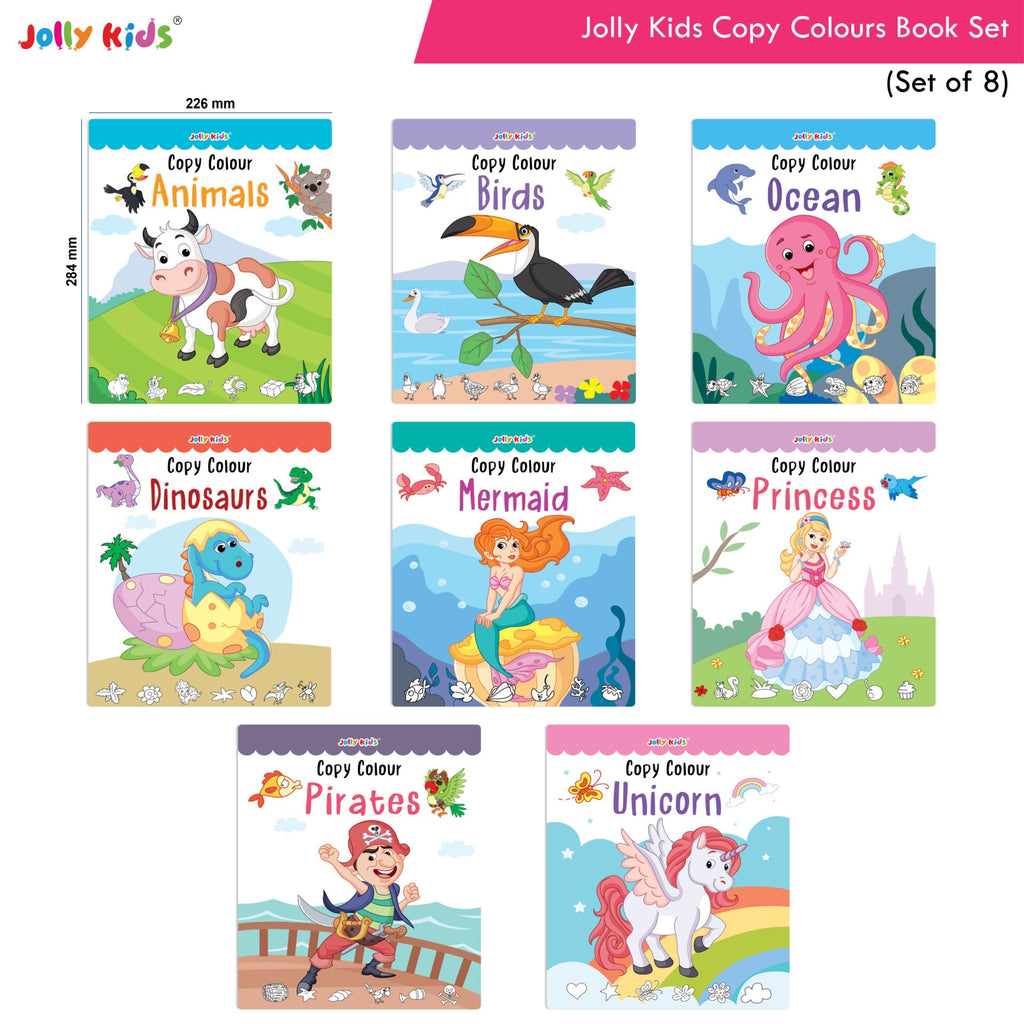 Jolly Kids Copy Colour Books Set of 8| Colouring Books: Animals, Flowers, Dinosaurs, Mermaid, Ocean, Pirates, Princess & Unicorn| Ages 3-10 years | Grocsy
