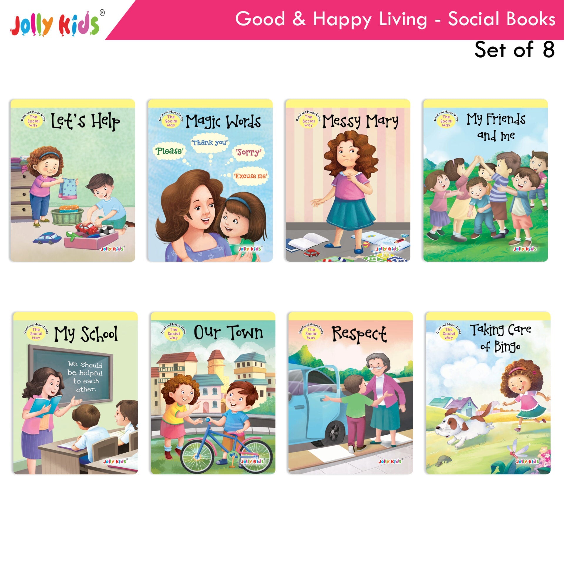 Jolly Kids Good & Happy Living The Social Way Series Books (Set of 8)| Kids Learning Social Reponsibilities in Short Stories Books Ages 3 - 8 Years | Grocsy
