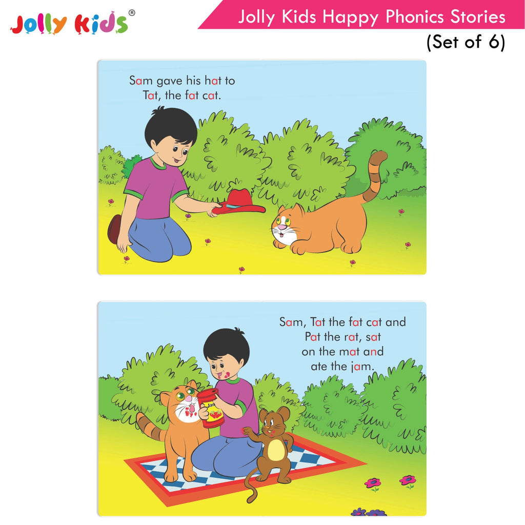 Jolly Kids Large Print Read With Happy Phonics Stories Books Set of 6| Early Year Reading Book| Vowel Sounds Stories Books Ages 3-8 Years | Grocsy