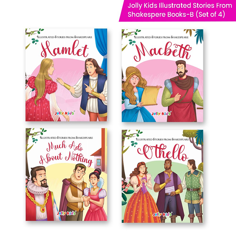 Shakespeare for Young Minds: Jolly Kids' Illustrated Stories B Combo Set of 4 Ages 6-12 Years | Hamlet, Macbeth, Much Ado About Nothing, Othello | Grocsy