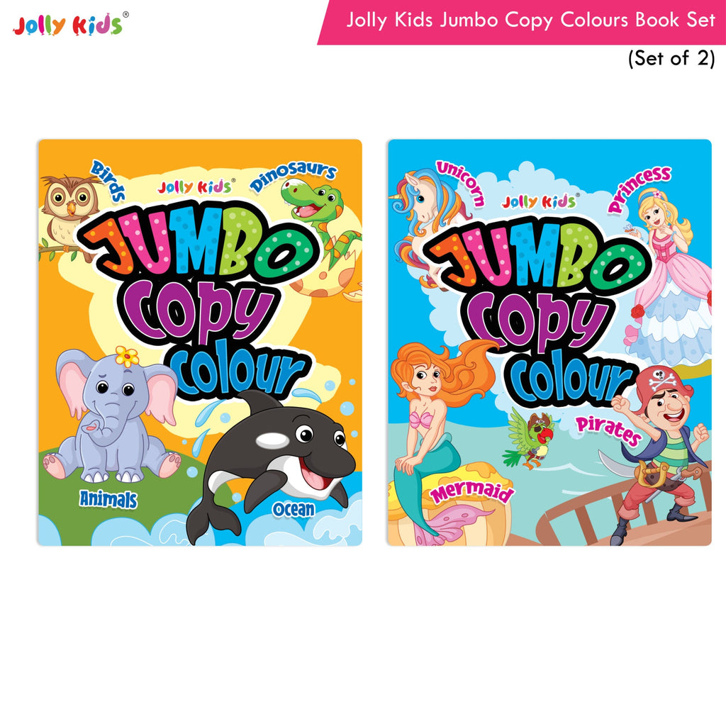 Jolly Kids Jumbo Copy Colour Books Set of 2| Colour Themes Birds, Dinosaurs, Animals, Ocean, Unicorns, Princess, Pirates, Mermaid| Ages 3-10 Years | Grocsy