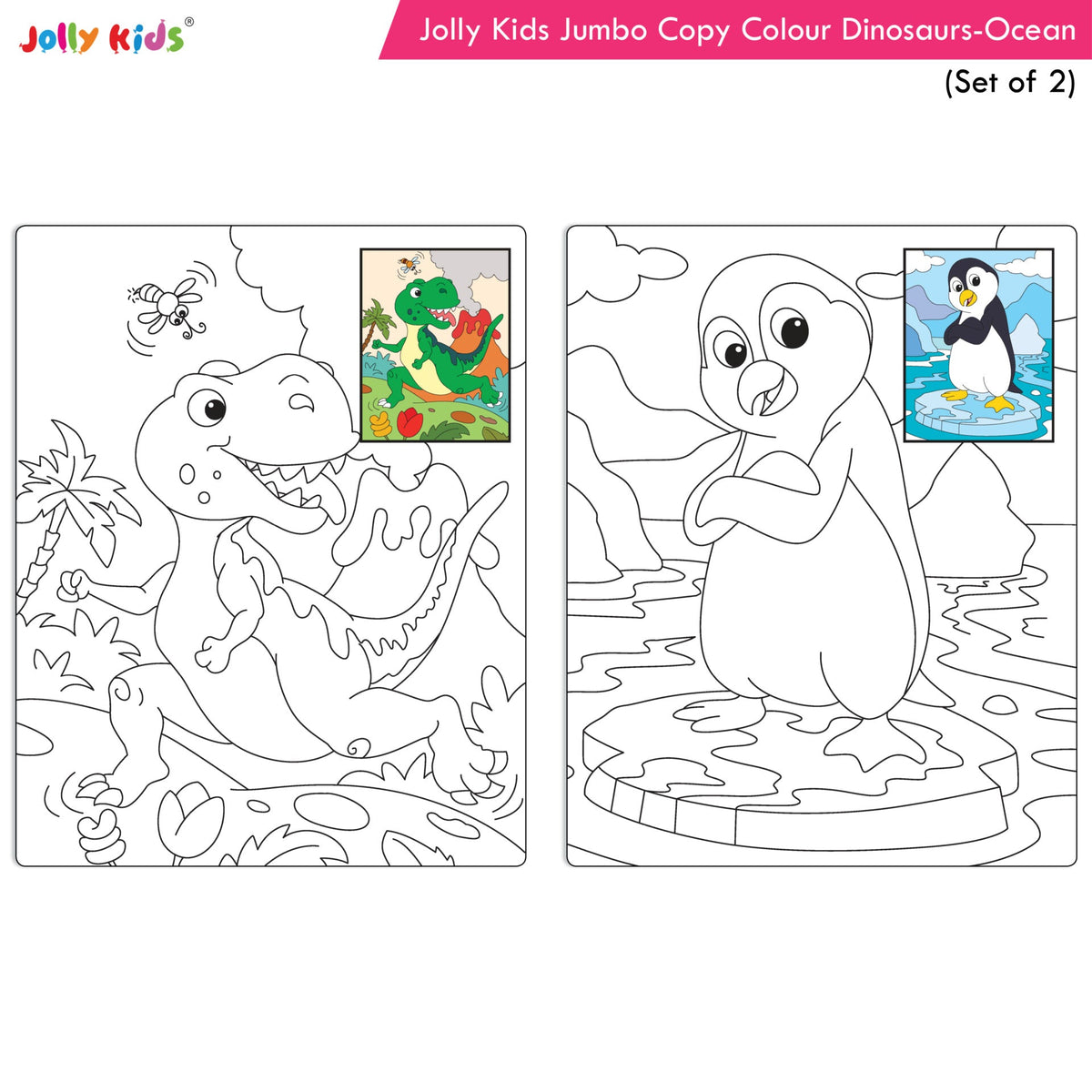 Jolly Kids Jumbo Copy Colour Books Set of 2| Colour Themes Birds, Dinosaurs, Animals, Ocean, Unicorns, Princess, Pirates, Mermaid| Ages 3-10 Years | Grocsy