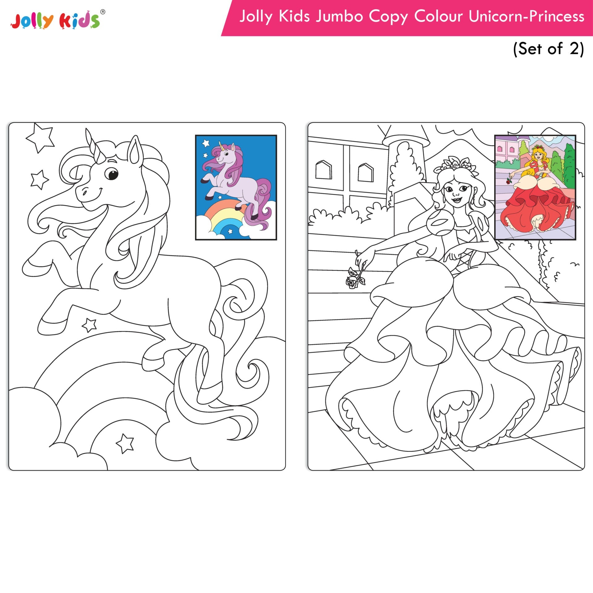 Jolly Kids Jumbo Copy Colour Books Set of 2| Colour Themes Birds, Dinosaurs, Animals, Ocean, Unicorns, Princess, Pirates, Mermaid| Ages 3-10 Years | Grocsy