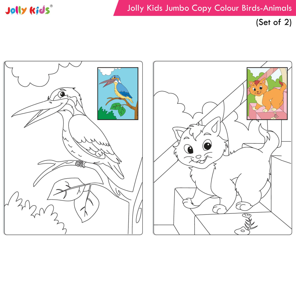 Jolly Kids Jumbo Copy Colour Books Set of 2| Colour Themes Birds, Dinosaurs, Animals, Ocean, Unicorns, Princess, Pirates, Mermaid| Ages 3-10 Years | Grocsy