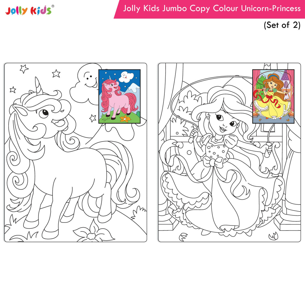 Jolly Kids Jumbo Copy Colour Books Set of 2| Colour Themes Birds, Dinosaurs, Animals, Ocean, Unicorns, Princess, Pirates, Mermaid| Ages 3-10 Years | Grocsy