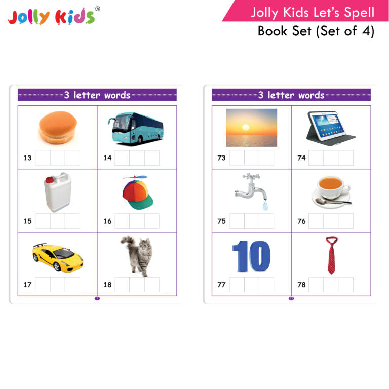 Jolly Kids Let?s Spell 3-4-5-6 Letter Words Books Set of 4| 3 Letter Words | 4 Letter Words| 5 Letter Words| 6 Letter Words| Ages 3-7 years | Grocsy