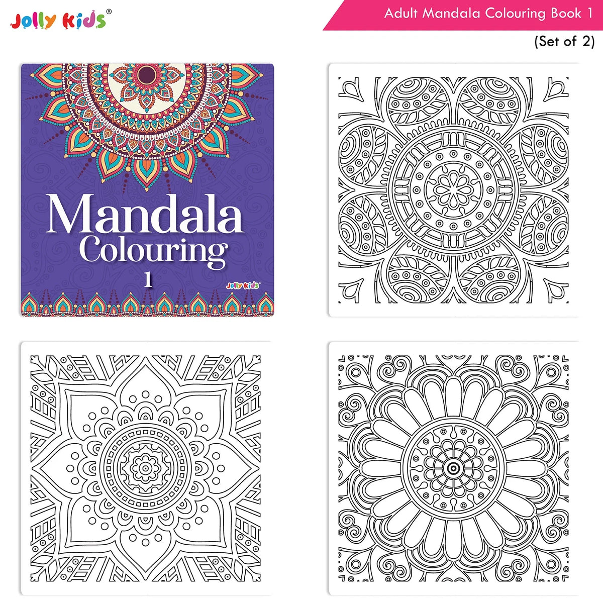 Jolly Kids Adults Mandala Colouring Books A Set of 2| Ideal For Stress Relieving, Relaxing & Meditation Books for Teenager | Grocsy