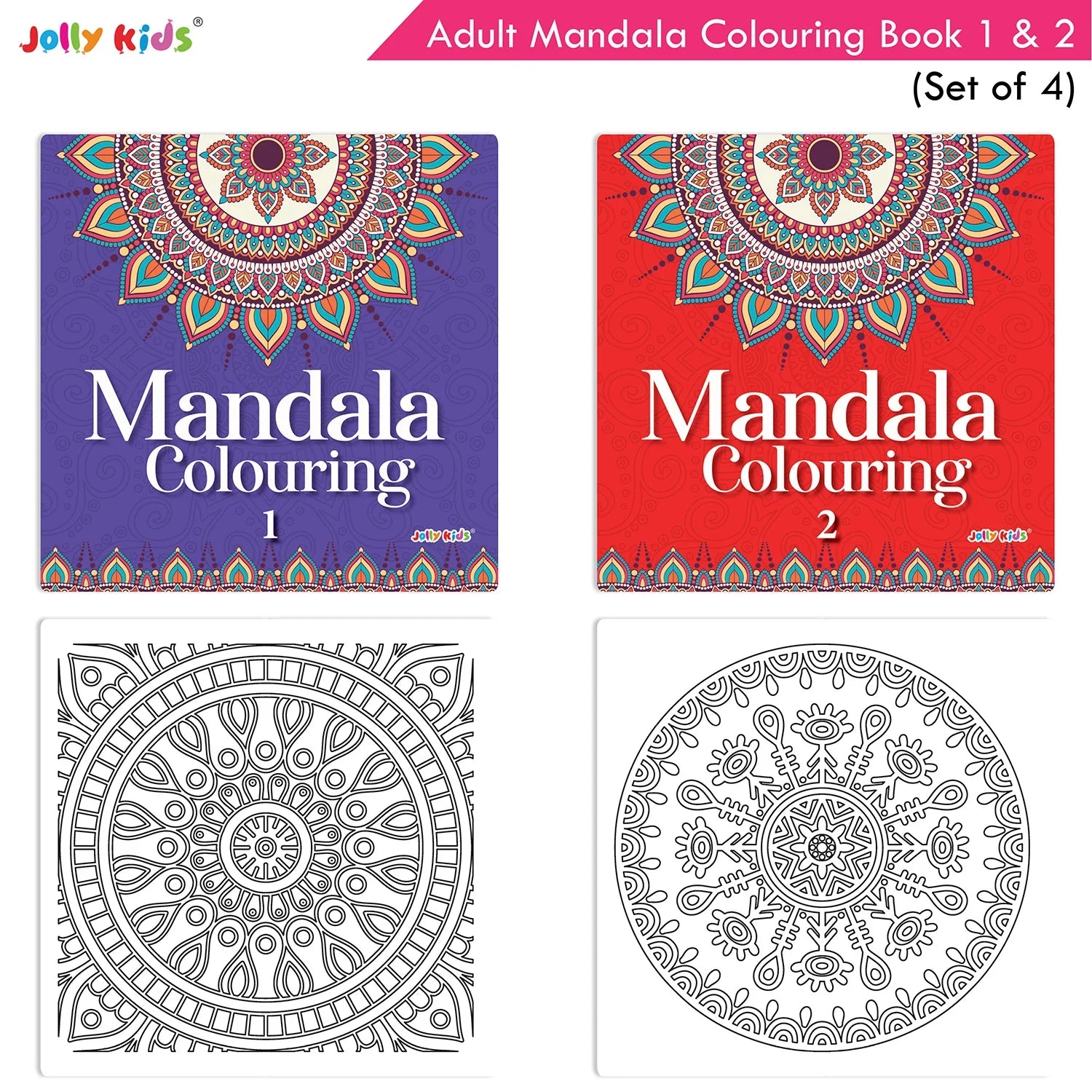 Jolly Kids Adults Mandala Colouring Books Set of 4| Ideal for Stree Relieving, Relaxing and Meditation Books for Teenagers | Grocsy