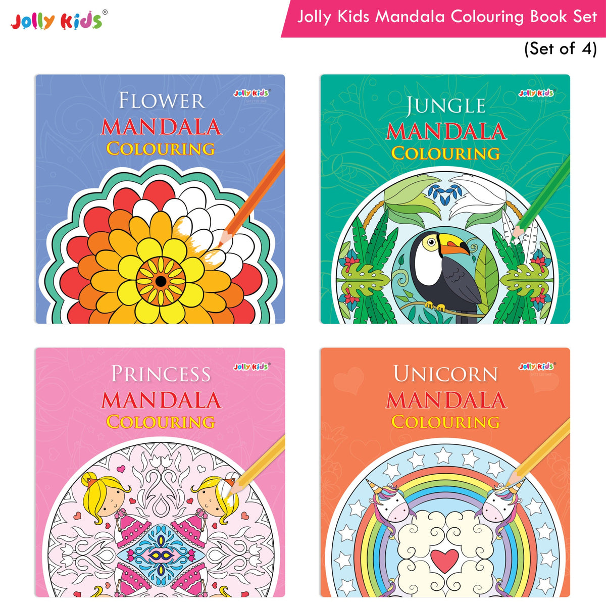 Jolly Kids Mandala Colouring Books Set| Set of 4| Colouring Book: Stress Relieving Designs Flower, Jungle, Princess & Unicorn Colouring Books | Grocsy