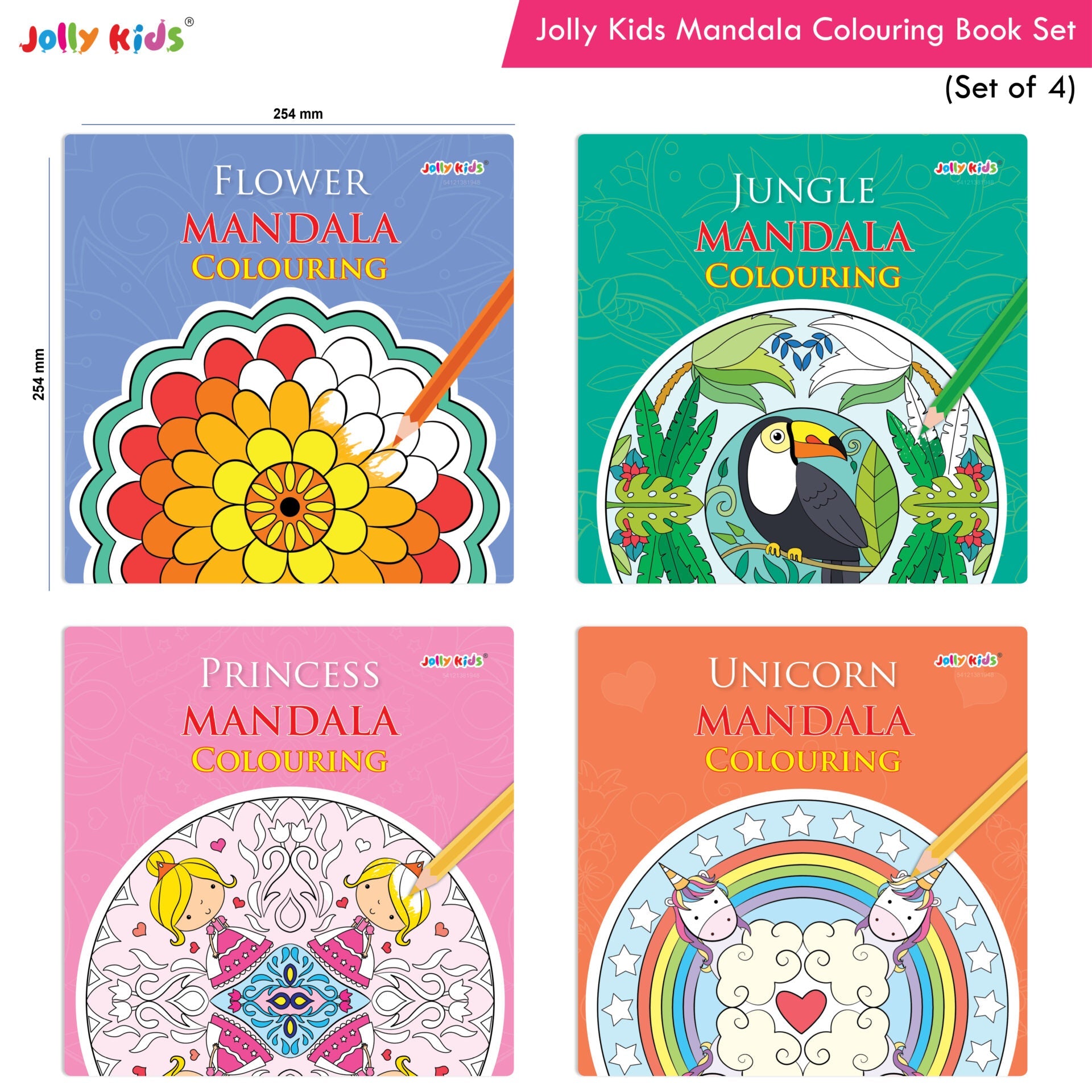 Jolly Kids Mandala Colouring Books Set| Set of 4| Colouring Book: Stress Relieving Designs Flower, Jungle, Princess & Unicorn Colouring Books | Grocsy