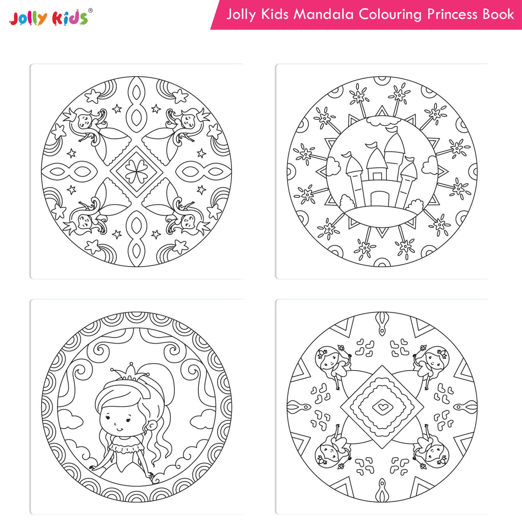 Jolly Kids Mandala Colouring Books Set| Set of 4| Colouring Book: Stress Relieving Designs Flower, Jungle, Princess & Unicorn Colouring Books | Grocsy