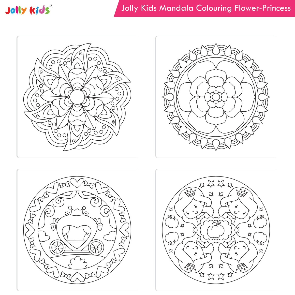 Jolly Kids Mandala Colouring Books Set| Set of 4| Colouring Book: Stress Relieving Designs Flower, Jungle, Princess & Unicorn Colouring Books | Grocsy