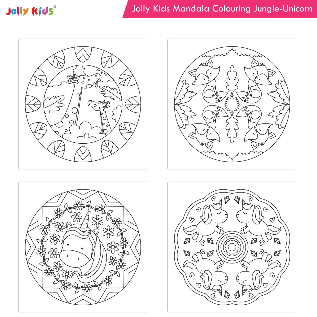 Jolly Kids Mandala Colouring Books Set| Set of 4| Colouring Book: Stress Relieving Designs Flower, Jungle, Princess & Unicorn Colouring Books | Grocsy