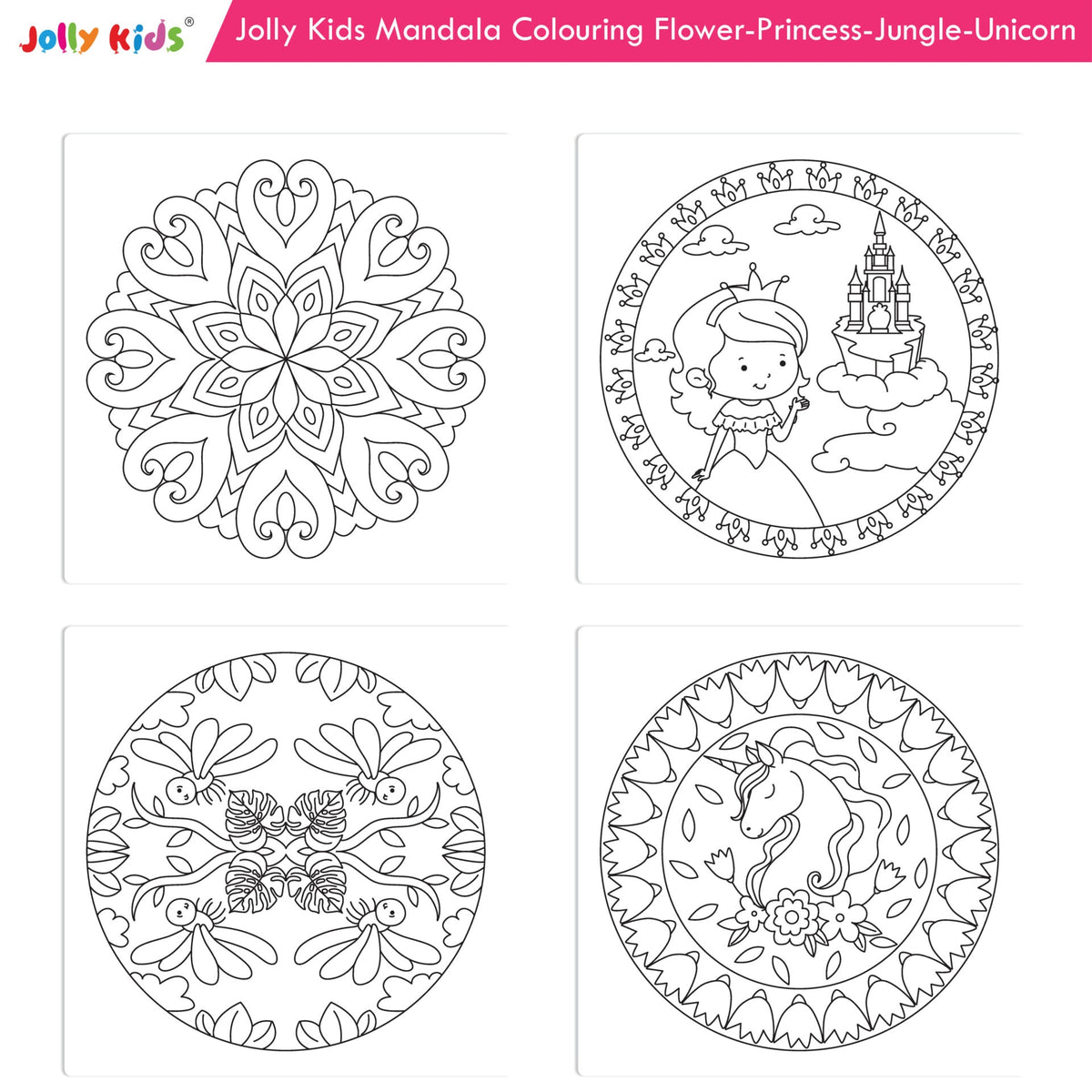 Jolly Kids Mandala Colouring Books Set| Set of 4| Colouring Book: Stress Relieving Designs Flower, Jungle, Princess & Unicorn Colouring Books | Grocsy