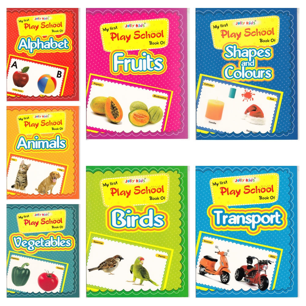 Jolly Kids My First Play School Book Set of 7| Ages 1 - 4 Year| Picture Learing Books like Alphabet, Vegetables, Fruits | Grocsy