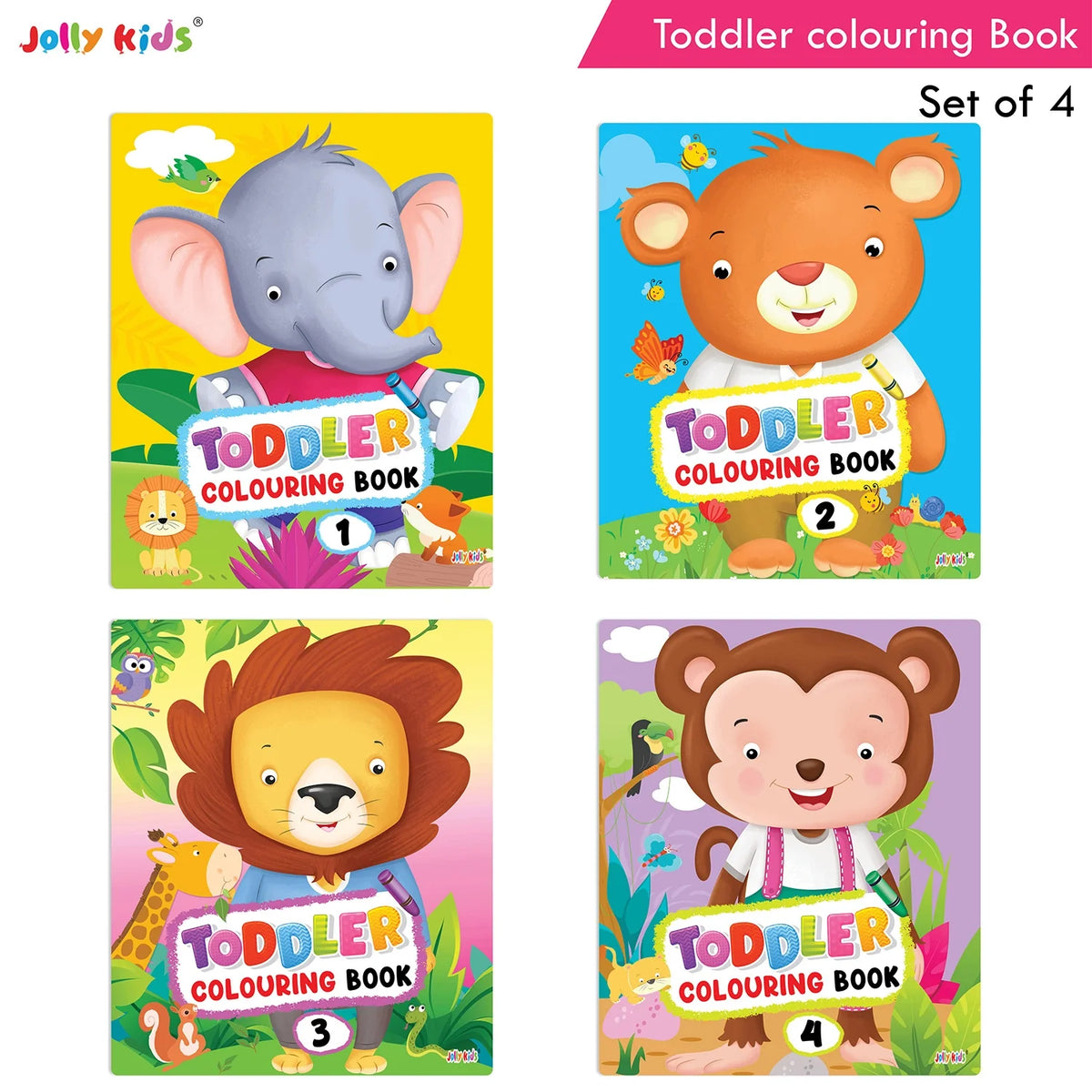 Jolly Kids Toddler Colouring Die-Cut Animals Shape Activity Books Set of 4 for Kids| Ages 1-6 Years | Grocsy