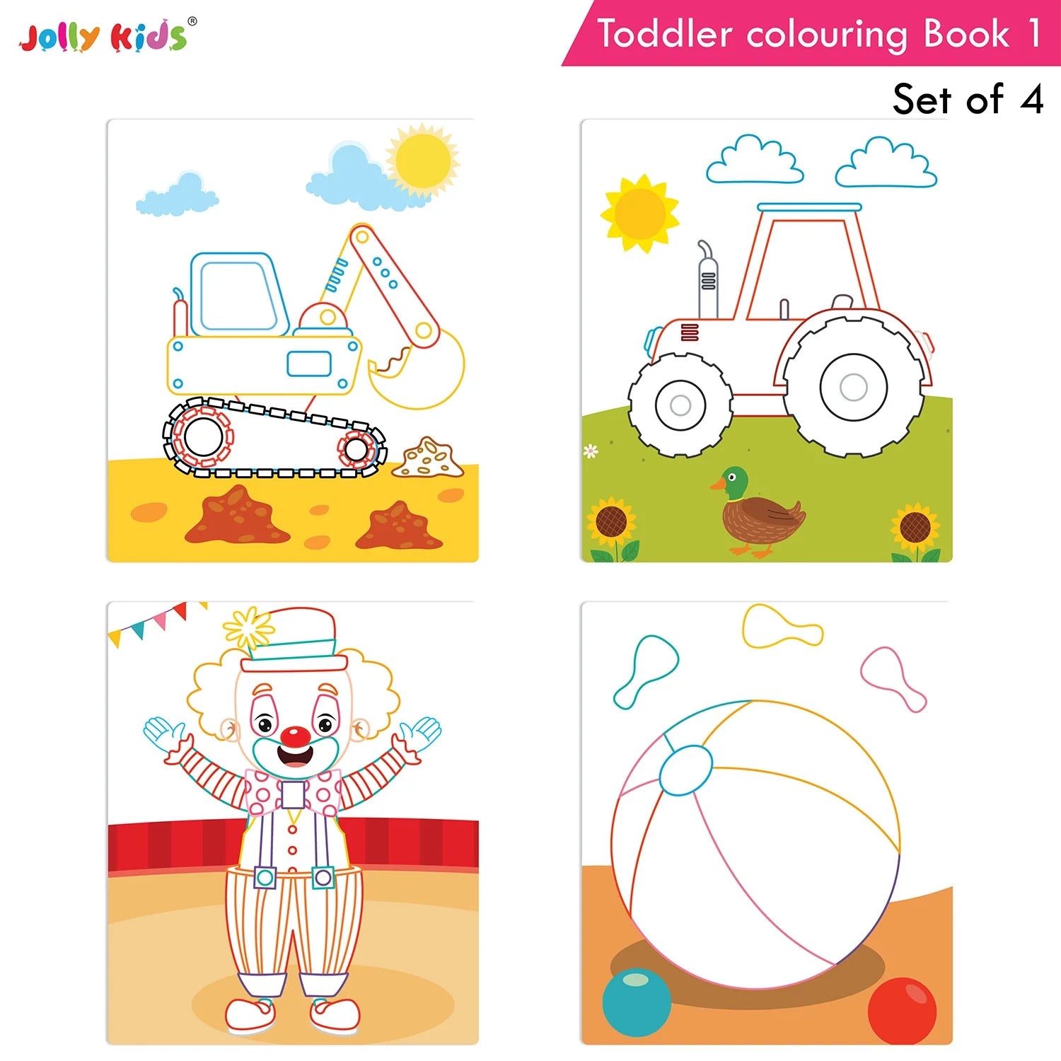 Jolly Kids Toddler Colouring Die-Cut Animals Shape Activity Books Set of 4 for Kids| Ages 1-6 Years | Grocsy