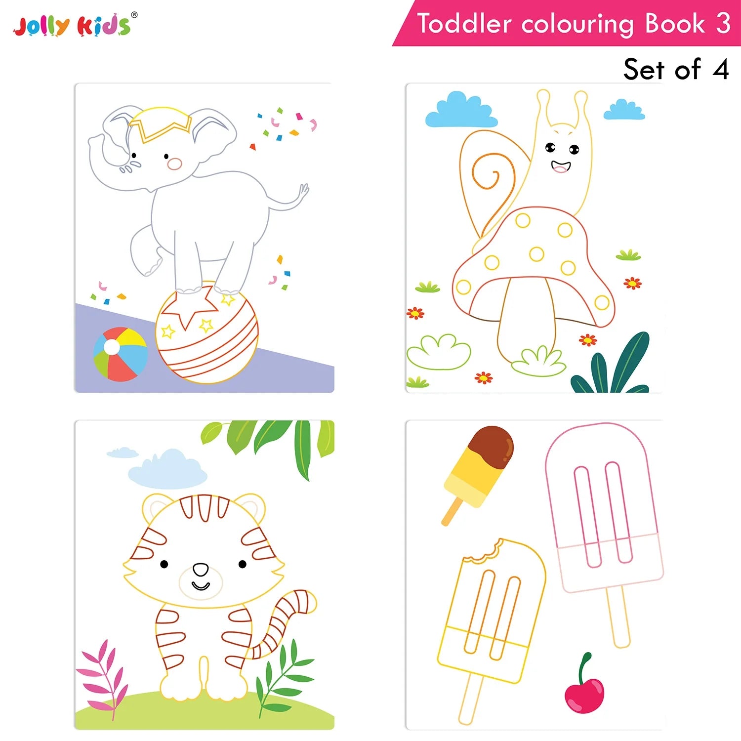 Jolly Kids Toddler Colouring Die-Cut Animals Shape Activity Books Set of 4 for Kids| Ages 1-6 Years | Grocsy