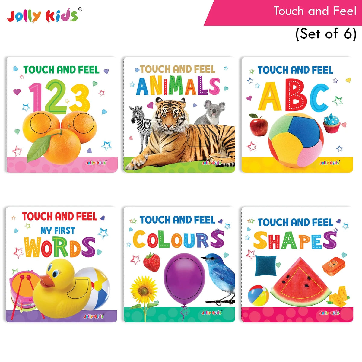 Jolly Kids Touch and Feel Picture Learning Sensory Development Padded Board Books Set of 6 for Infants, Toddlers Gift Ages 0-12 Months | Grocsy