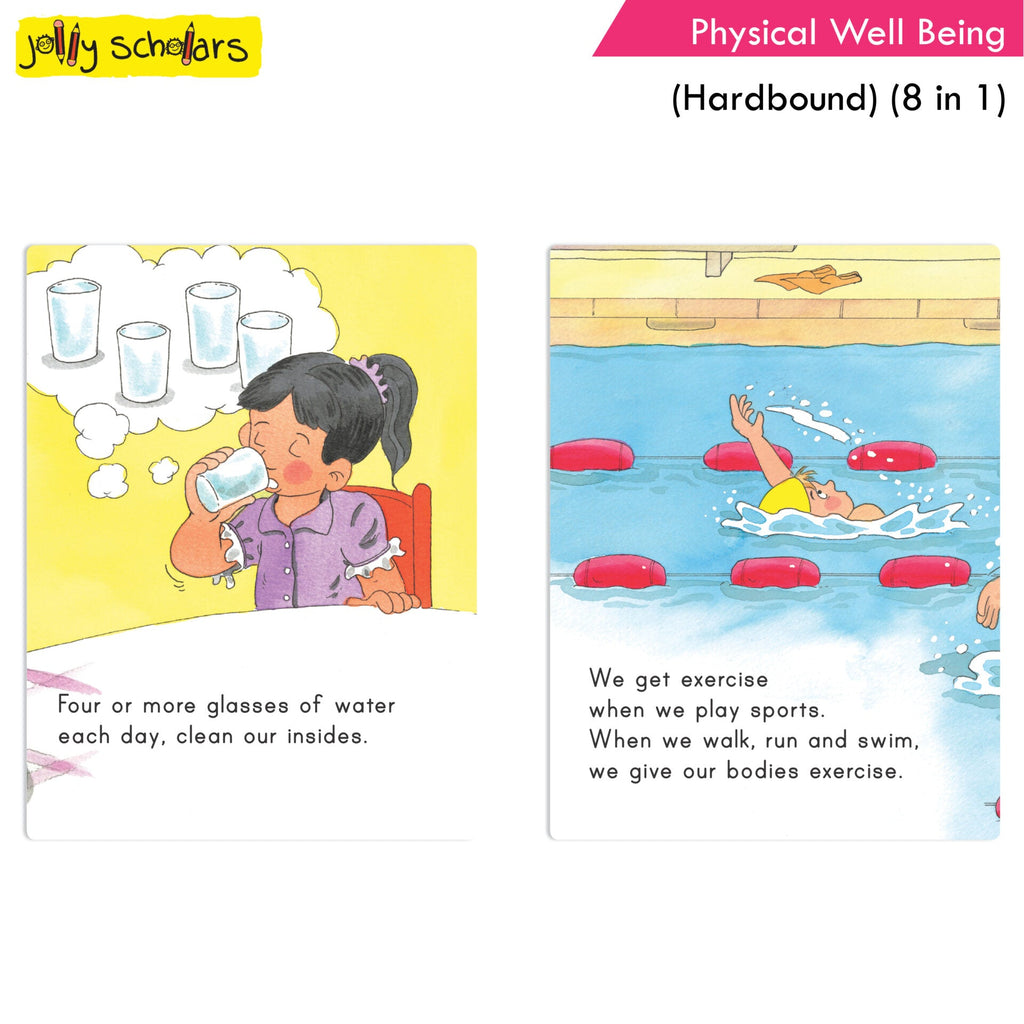 Jolly Scholars Physical Well Being Hardbound 8 in 1 Stories Book for Kids| Promote Physical Health Activity, Fitness & Exercise| Ages 3-6 Years | Grocsy