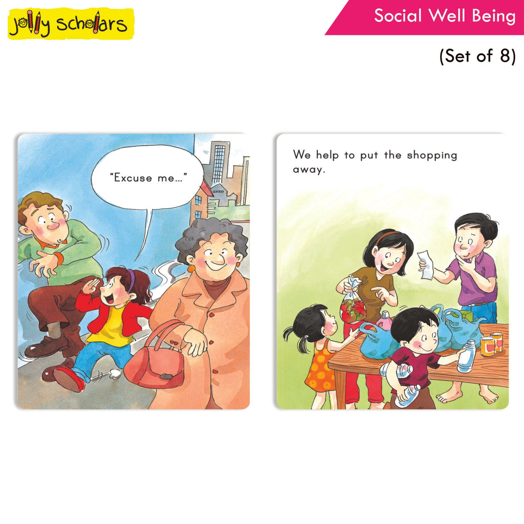 Jolly Scholars Social Well Being Stories Books Set of 8| Ages 3-6 Years| Learn Good Manner, Respect, Helping Everyone | Grocsy