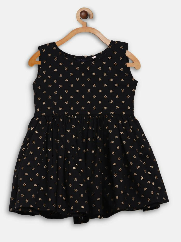 Ahalyaa Black Cotton Gold Print Kids Kurta Sharara Sets For Girls | Grocsy